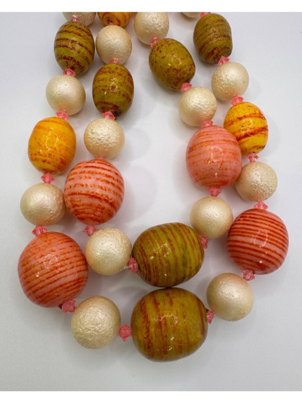 Vintage Paper Mache Bead Necklace Double Strand Artisan Leaf Clasp Chunky - Picture 3 of 16